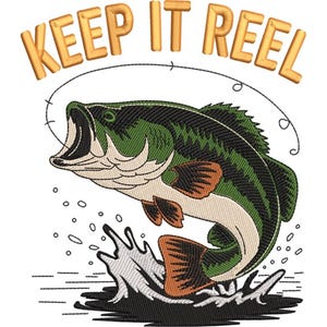 May include: An embroidered design featuring a leaping bass fish with an open mouth, a fishing line, and the words "KEEP IT REEL" in gold lettering. The fish is green, black, and brown, with white accents and water splashes.