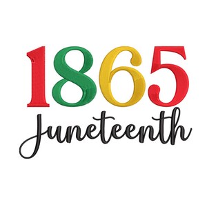 Può includere: Sfondo bianco con la parola "Juneteenth" in corsivo nero. I numeri "1865" sono sopra la parola "Juneteenth", con l'"1" in rosso, l'"8" in verde, il "6" in giallo e il "5" in rosso.