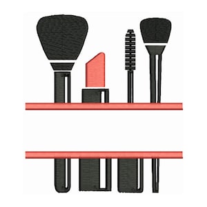 May include: A set of black makeup brushes and a red lipstick on a red shelf.