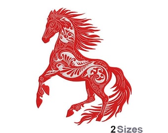Bordado de caballo con estampado de remolino - Bordado de caballo - Bordado de caballo rojo - Diseño de bordado a máquina - Descarga instantánea digital - 2 tamaños