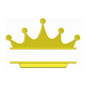 Könnte beinhalten: Eine gelbe Krone mit einem leeren Platz darunter zur Personalisierung. Die Krone hat eine spitze Spitze und fünf Zacken.