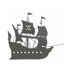 May include: Black silhouette of a pirate ship with a skull and crossbones flag. The ship has three masts and sails.