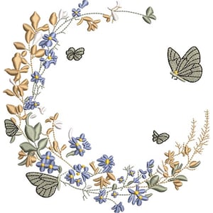 May include: An embroidered floral design featuring a crescent shape composed of tan, blue, and green flowers, leaves, and butterflies. The design includes several butterflies with detailed wing patterns, creating a delicate and natural aesthetic.