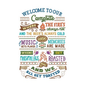 Machine Embroidery Design - Welcome to Our Campsite, Camping Decor, Campfire - Instant Download - 2 Sizes