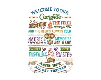 Machine Embroidery Design - Welcome to Our Campsite, Camping Decor, Campfire - Instant Download - 2 Sizes