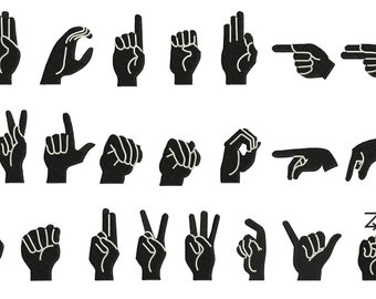 May include: Black and white illustrations of various hand signs in American Sign Language (ASL).