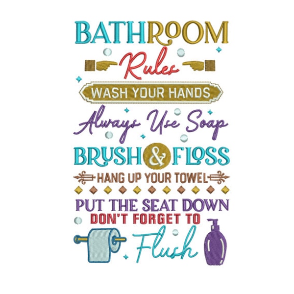 Charming Machine Embroidery Bathroom Rules Design Set - Decorative Washroom Etiquette Embroidery Patterns - Instant Download - 2 Sizes