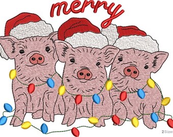 Weihnachten Schweinchen Stickmuster - süße Urlaub Bauernhof Tier Stickerei Muster - Digital Instant Download - 2 Größen