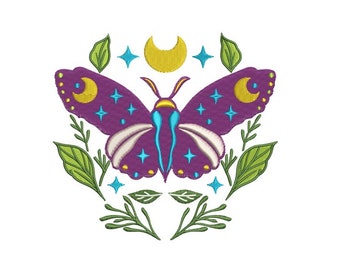 Lunar Moth - Celestial Insect Pattern - Moth Embroidery - Home Decor - Machine Embroidery Design - Digital Instant Download -2 Sizes