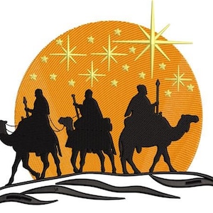 May include: An embroidered design featuring three silhouetted figures riding camels, set against an orange textured sun with stars and a large star. The figures are carrying staffs, and the design is on a white background.