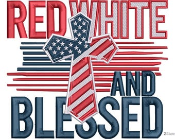 Diseño de bordado a máquina de cruz patriótica - Bendición de la bandera estadounidense roja, blanca y azul - Decoración cristiana americana - Descarga digital instantánea - 2 tamaños