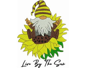 Gnome Delight: Machine Embroidery Design with Whimsical Gnome Sitting on a Sunflower - Instant Digital Download