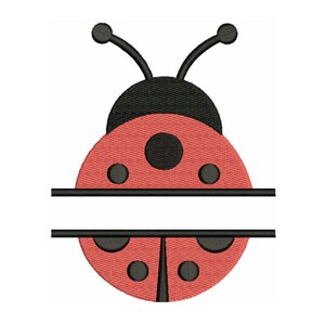 May include: A split monogram design featuring a red ladybug with black spots and antennae. The ladybug is split in half horizontally with a blank space in the middle for a name or initials.