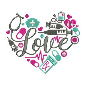 Machine Embroidery Design: Nurse Word with Medical Equipment Designs - Instant Download - 2 Sizes