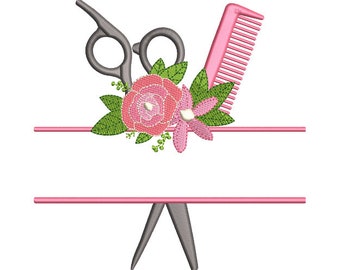 Peut inclure: Un design de monogramme divisé avec une paire de ciseaux argentés, un peigne rose et des fleurs roses avec des feuilles vertes.