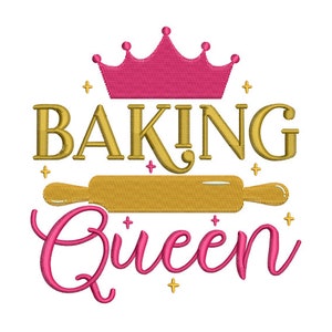 May include: A gold and pink graphic design with the text "Baking Queen" and a rolling pin. A pink crown is above the text.