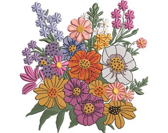 Floral Bouquet Machine Embroidery Design - Wildflower Pattern Digital Download  2 sizes