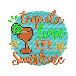 May include: A blue circle with the text "tequila lime and sunshine" in orange and green. A margarita glass with a lime wedge is in the center of the circle. Two gold starfish are on either side of the text.