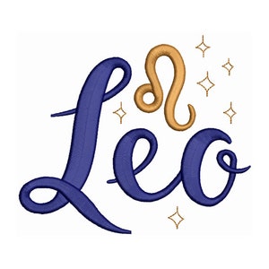 May include: Blue cursive lettering of the word "Leo" with a gold Leo zodiac symbol and gold stars.