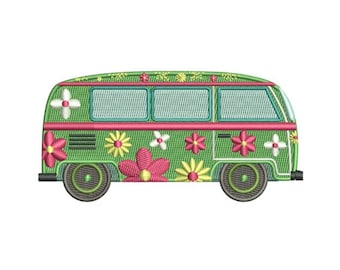 Flower Van - Machine Embroidery Design / Green Van Machine Embroidery Instant Download Vehicle/ 2 Sizes - 4x4 and 5x7 Hoop Size