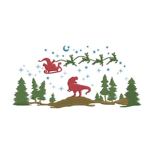 May include: An embroidered design of Santa Claus flying in a sleigh pulled by reindeer over a snowy forest with a red dinosaur standing on a hill.