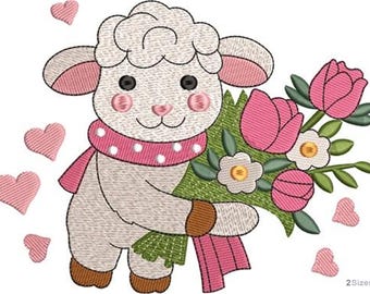 Süßes Lamm mit Blumen Stickdatei - Maschinenstickerei - Valentine Schaf Muster - digitaler Download - 2 Größen