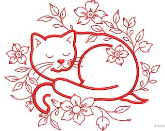 Schlafende Katze Stickdatei, Maschinenstickerei, Niedliche Kitty Stickdatei, Stickdatei sofort herunterladen - 2 Größen