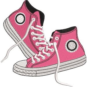 Può includere: Un paio di scarpe da ginnastica alte rosa con lacci bianchi e suola in gomma bianca. Le scarpe da ginnastica hanno una toppa circolare in bianco e nero sul lato e sono su sfondo bianco. Il design è un ricamo.