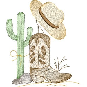 May include: An embroidered design featuring a cowboy boot, a straw hat, and a cactus. The boot is brown with decorative stitching, the hat is tan with a brown band, and the cactus is green. The design is set against a white background.
