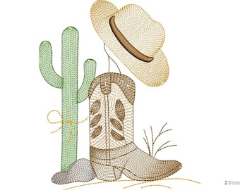 Western Cowboy Hat Design - Boot with Cactus Machine Embroidery- Machine Embroidery Design - Design Digital Download - 2 sizes