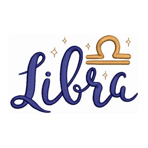 May include: Blue cursive text "Libra" with a gold Libra zodiac symbol and gold stars.