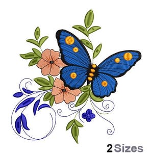 May include: An embroidered design featuring a blue butterfly with yellow accents, surrounded by peach-colored flowers, green leaves, and blue decorative swirls. The text "2 Sizes" is at the bottom.