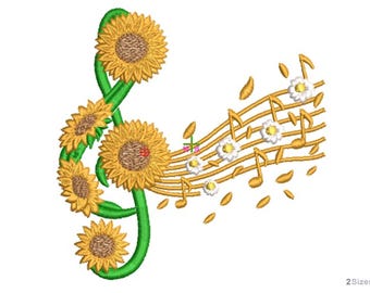 Sonnenblume Musiknoten Stickdatei - Maschinenstickerei-Design - Florale musikalische Stickerei Muster - digitaler Download - 2 Größen