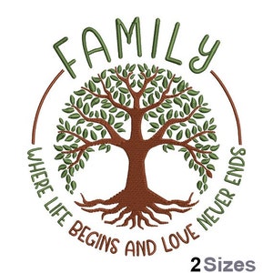 May include: Embroidered design of a green tree with brown roots and trunk, surrounded by a brown circle with the text "FAMILY WHERE LIFE BEGINS AND LOVE NEVER ENDS" in green and brown lettering.