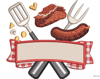 BBQ Grill Master Machine Embroidery Design - Apron Kitchen Towel Embroidery Pattern - Digital Instant Download - 2 Sizes