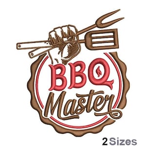 May include: Embroidered design featuring the text "BBQ Master" in red and brown, with a hand holding grilling tools. The design is set within a brown, scalloped border. The text "2 Sizes" is at the bottom.
