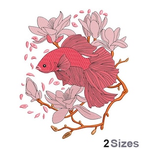 May include: Embroidered design featuring a pink betta fish surrounded by pink magnolia flowers and branches.