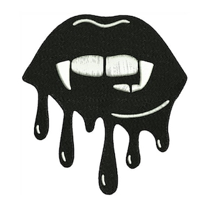 May include: Black dripping lips with white fangs. Halloween themed illustration.