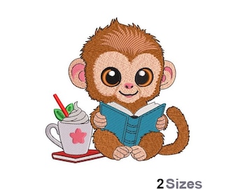 Monkey Reading Embroidery - Baby Monkey Embroidery - Study Embroidery - Machine Embroidery Design - Digital Instant Download - 2 Sizes