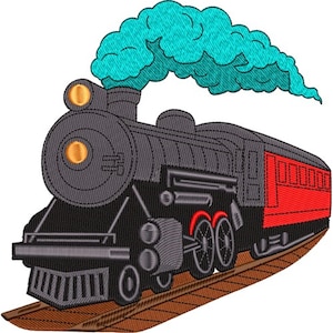 May include: An embroidered design of a black steam train with a red passenger car. The train has a large smokestack with teal smoke billowing out. The train is on brown train tracks, and the headlights are yellow.