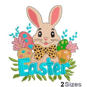 May include: An embroidered Easter design featuring a smiling bunny with a bow tie, surrounded by decorated eggs and flowers. The word "Easter" is written in turquoise letters with green leaves. The design is available in 2 sizes.