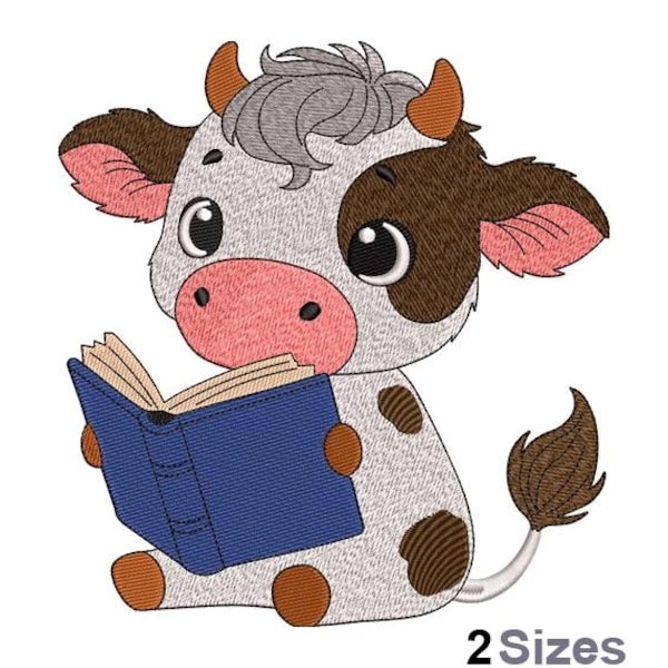 Cow Reading Embroidery - Cow Embroidery - Study Embroidery - Animal Embroidery-Machine Embroidery Design - Digital Instant Download -2 Sizes