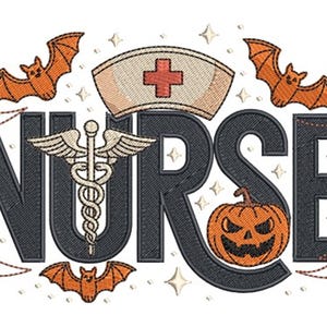 May include: Embroidered design with the word "NURSE" in dark grey, a caduceus, nurse's cap, and jack-o'-lantern. Orange bats and spiderwebs surround the text, with star accents. A Halloween-themed design.