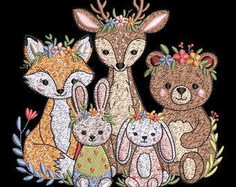 Woodland Animal Friends Machine Embroidery Design - Cute Fox Deer Bear Bunny - Nursery Forest Decor - Digital Instant Download - 2 Sizes