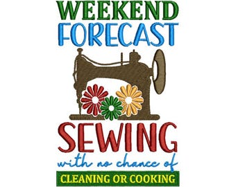 Puede incluir: Pronóstico del fin de semana: Coser sin posibilidad de limpiar o cocinar. Se muestra una máquina de coser marrón con flores de colores.