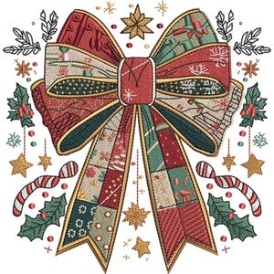May include: Embroidered Christmas bow design with a patchwork pattern in red, green, and beige. The bow is adorned with gold accents, stars, holly, and candy canes. A festive holiday decoration.