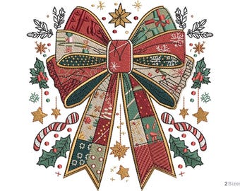 Weihnachten Schleife Patchwork Stickmuster, Stickmuster, Maschinenstickerei, Stickmuster, 2 Grössen