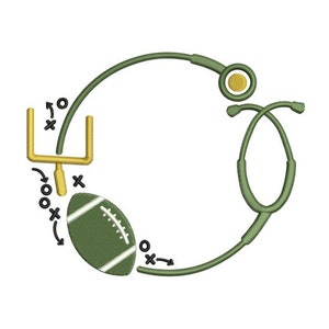 May include: Green and gold football, stethoscope, and goal post design. The football is in the middle of the design, with the stethoscope on the right and the goal post on the left. The design is surrounded by a circle of green.