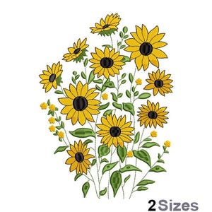 May include: An embroidered design of sunflowers with yellow petals and dark brown centers, surrounded by green leaves and stems. The image includes the text "2 Sizes" at the bottom, indicating available size options.
