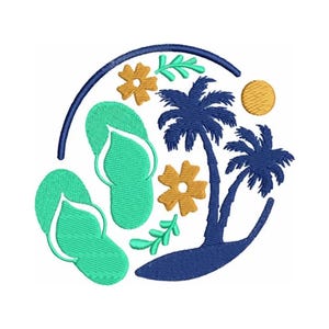 Op de afbeelding: Een blauwe cirkel met een groen paar slippers, twee palmbomen, een gele zon en gele bloemen. De cirkel is op een witte achtergrond.